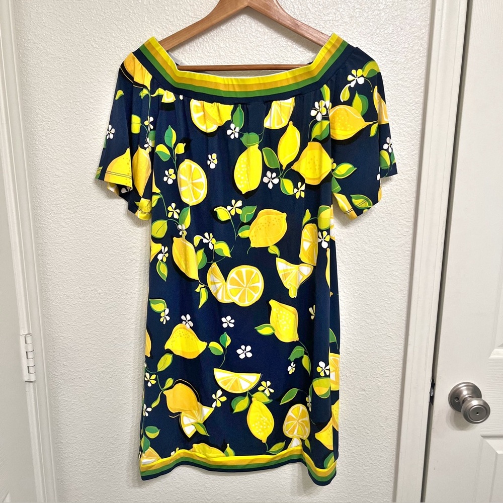 Trina Turk Kelso Lemon Print Off the Shoulder Dress Navy Yellow Small NWT - Picture 6 of 9